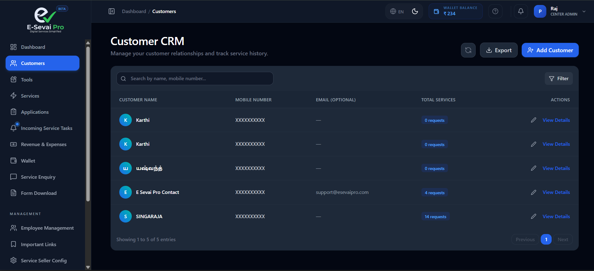 Customer list with search, service count, and the Add Customer form.
